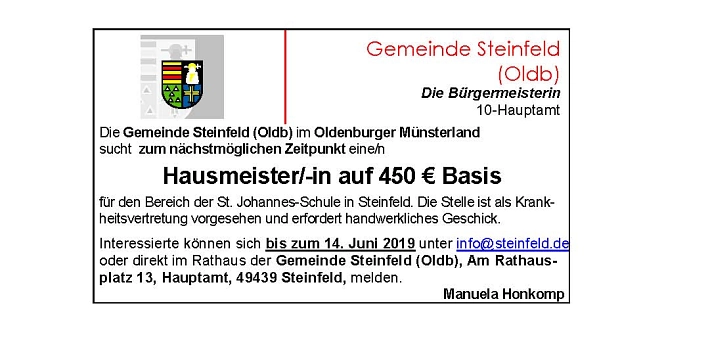 Ausschreibung 450 € St. Johannes-Schule © Gemeinde Steinfeld (Oldenburg)